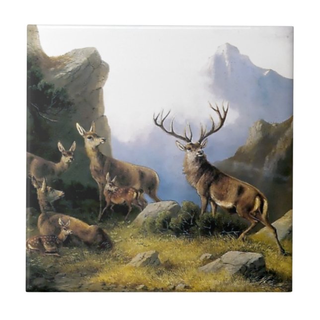 Deer mountains nature wild anomals painting ceramic tile (Front)