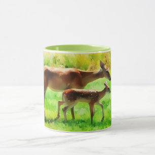 Deer Mum Doe and Baby Fawn Nature Art Mug
