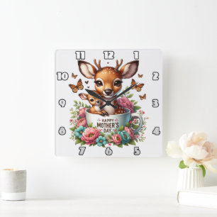 Deer Mum: Fawn, Flowers, Mother's Day Square Wall Clock