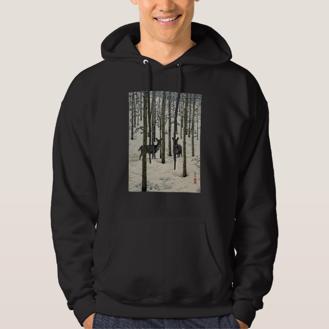 Deer Nara Forest Snow Winter Aspen Japanese Ukiyo  Hoodie (Front)