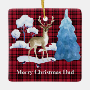 Deer on a Red Plaid Background Ceramic Ornament