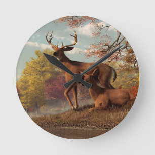 Deer on an Autumn Lakeshore Round Clock