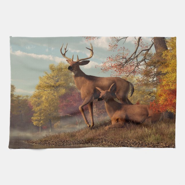 Deer on an Autumn Lakeshore Tea Towel (Horizontal)