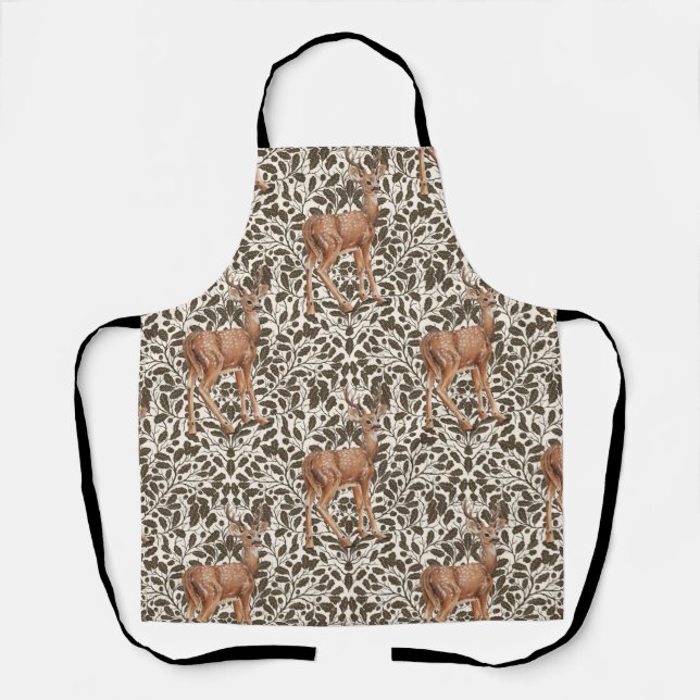 Deer on decorative oak damask pattern in brown and apron (Front)