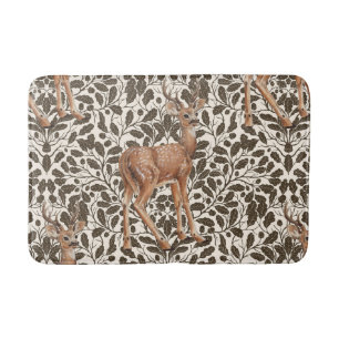 Deer on decorative oak damask pattern in brown and bath mat