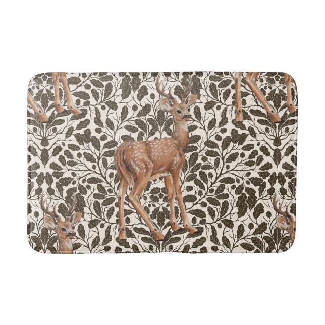 Deer on decorative oak damask pattern in brown and bath mat (Front)