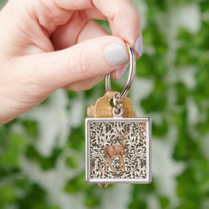 Deer on decorative oak damask pattern in brown and key ring