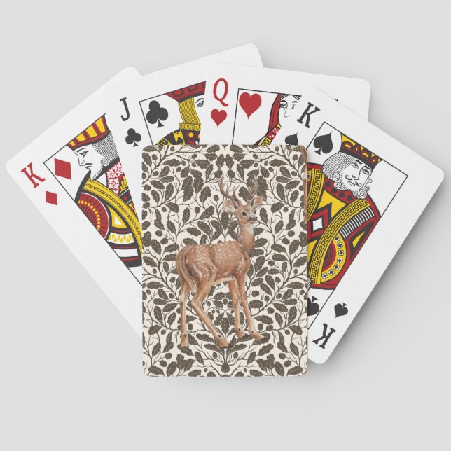 Deer on decorative oak damask pattern in brown and playing cards (Back)