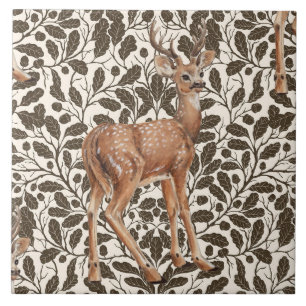 Deer on decorative oak damask pattern in brown  ceramic tile