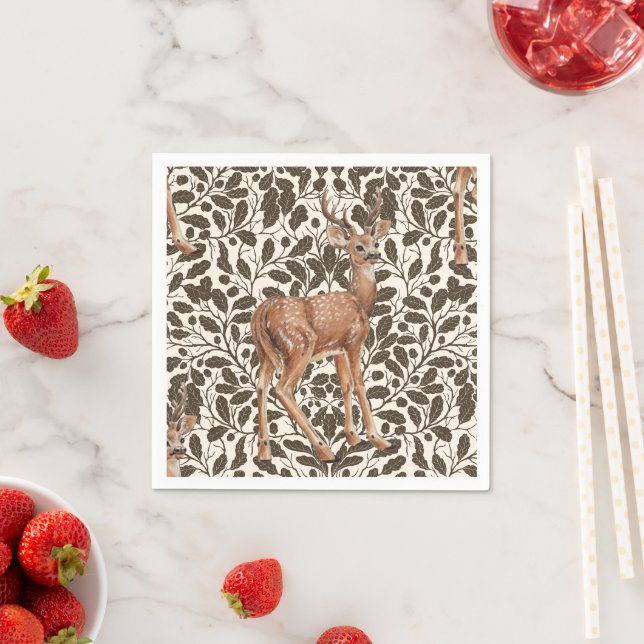 Deer on decorative oak damask pattern in brown  napkin (Insitu)