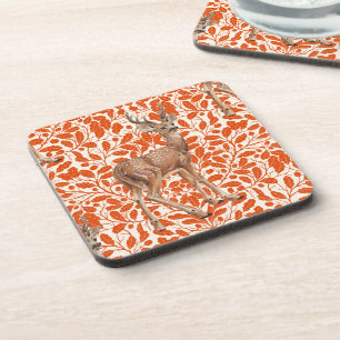 Deer on decorative oak damask pattern in dark oran coaster