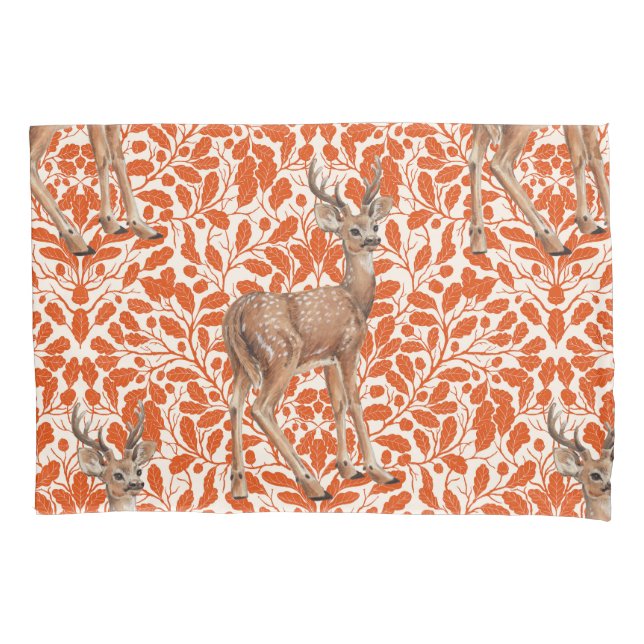 Deer on decorative oak damask pattern in dark oran pillowcase (Front-Left)