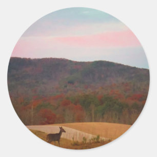 Deer on sunset golf course classic round sticker