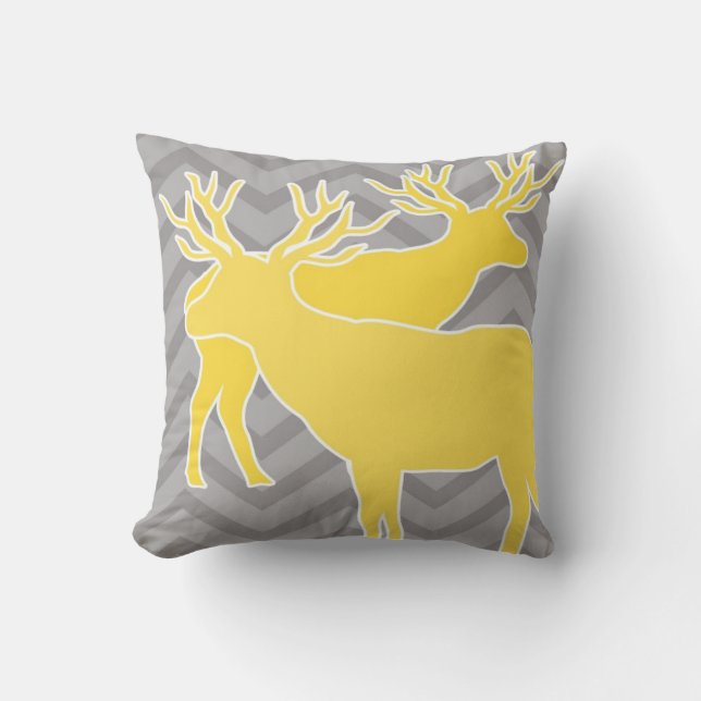 Deer on zigzag chevron - Yellow and Grey Cushion (Front)