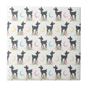Deer Pattern, Baby Deer, Boho, Flowers, Moon Ceramic Tile