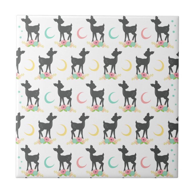 Deer Pattern, Baby Deer, Boho, Flowers, Moon Ceramic Tile (Front)