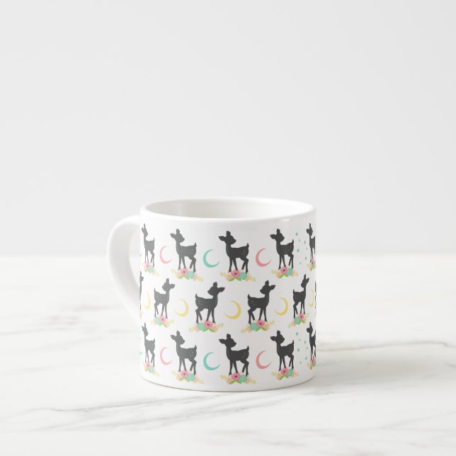 Deer Pattern, Baby Deer, Boho, Flowers, Moon Espresso Cup (Front Left)