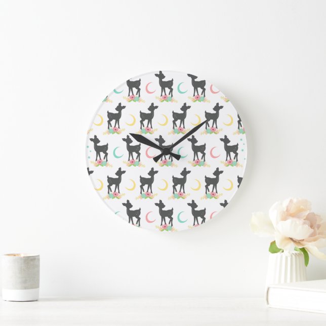 Deer Pattern, Baby Deer, Boho, Flowers, Moon Large Clock (Home)