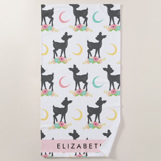Deer Pattern, Baby Deer, Boho, Flowers, Your Name Beach Towel (Front)