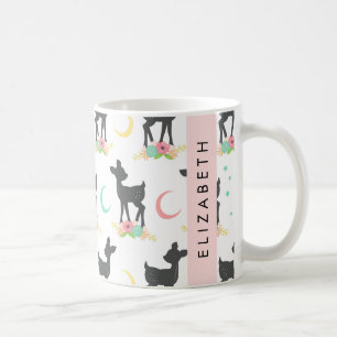 Deer Pattern, Baby Deer, Boho, Flowers, Your Name Coffee Mug