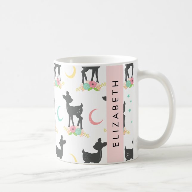 Deer Pattern, Baby Deer, Boho, Flowers, Your Name Coffee Mug (Right)