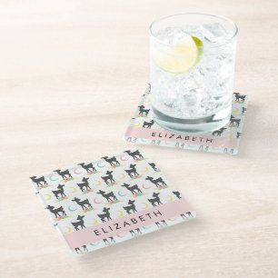 Deer Pattern, Baby Deer, Boho, Flowers, Your Name Glass Coaster