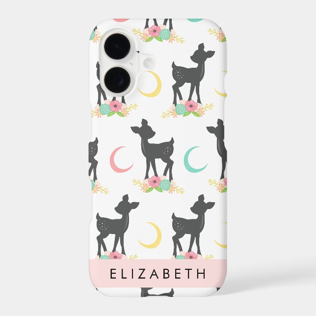 Deer Pattern, Baby Deer, Boho, Flowers, Your Name iPhone Case (Back)