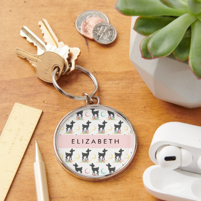 Deer Pattern, Baby Deer, Boho, Flowers, Your Name Key Ring (Desk)