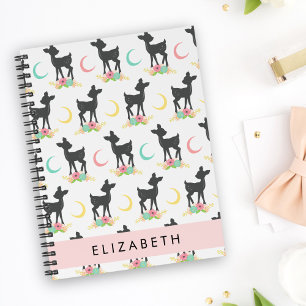 Deer Pattern, Baby Deer, Boho, Flowers, Your Name Notebook
