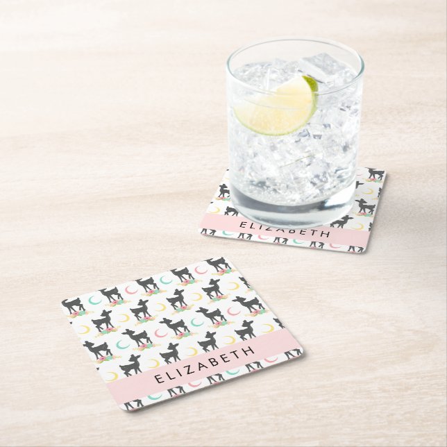Deer Pattern, Baby Deer, Boho, Flowers, Your Name Square Paper Coaster (Insitu)