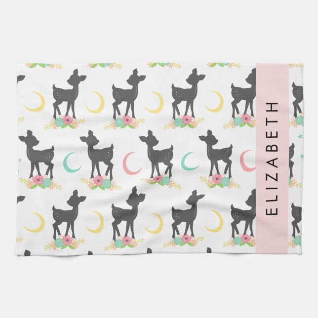 Deer Pattern, Baby Deer, Boho, Flowers, Your Name Tea Towel (Horizontal)
