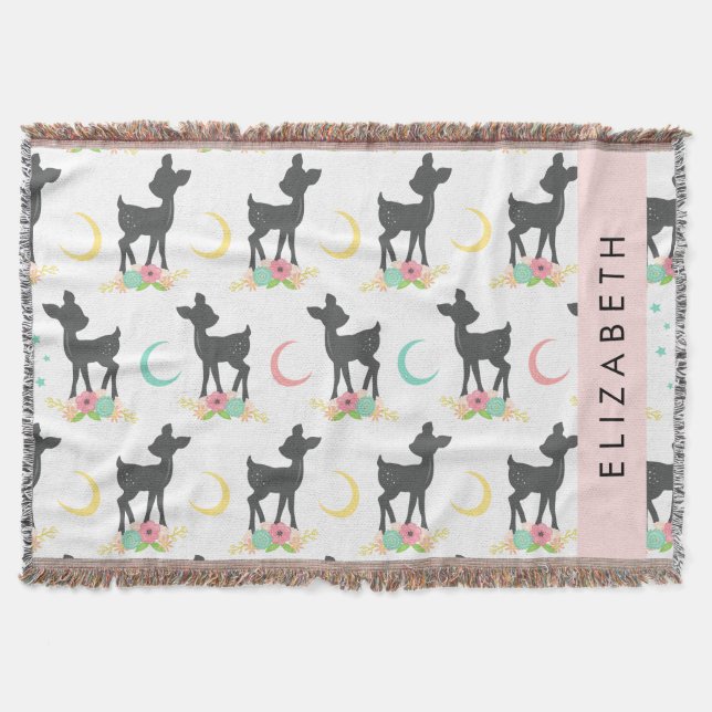 Deer Pattern, Baby Deer, Boho, Flowers, Your Name Throw Blanket (Front)