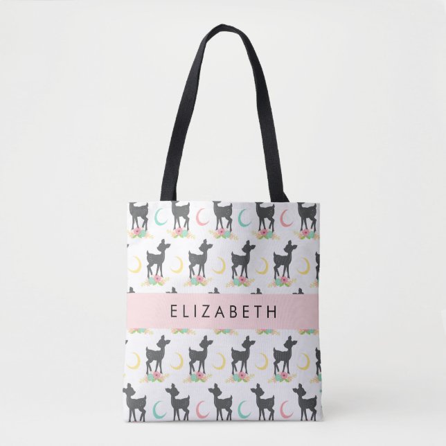 Deer Pattern, Baby Deer, Boho, Flowers, Your Name Tote Bag (Front)