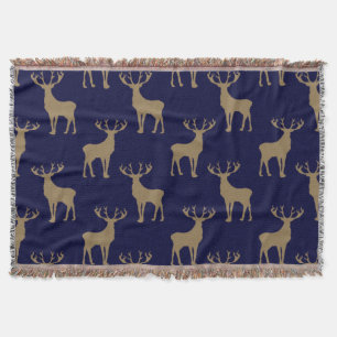 Deer Pattern in Brown on Dark Blue Throw Blanket