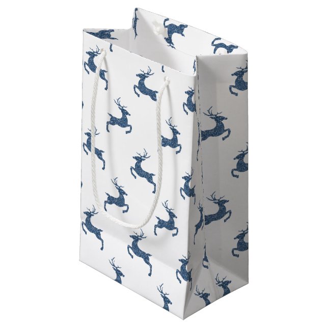Deer Pattern In Faux Blue Glitter Texture Look Small Gift Bag (Front Angled)