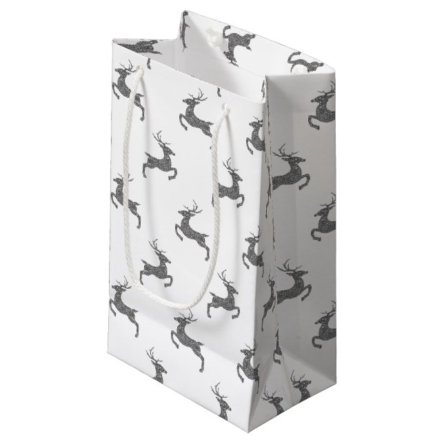 Deer Pattern In Faux Grey Glitter Texture Look Small Gift Bag (Front Angled)