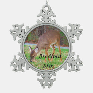 Deer, Personalise with name Snowflake Pewter Christmas Ornament