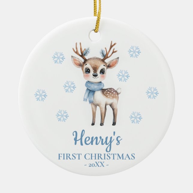 Deer Personalized Baby's First Christmas Ceramic Ornament (Front)