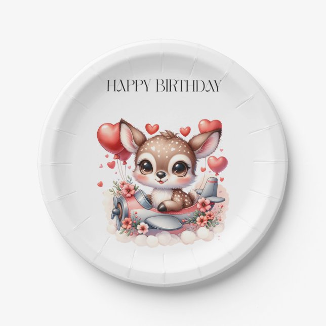Deer Pilot Birthday Paper Plate (Front)
