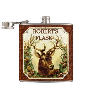 Deer Pine Cone Personalised with Wood Grain Hip Flask