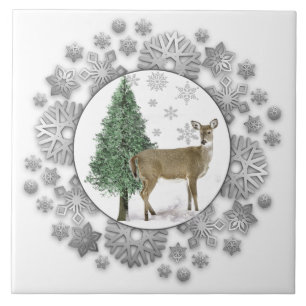 Deer Pine Tree Silver Snowflakes Decorative Ceramic Tile