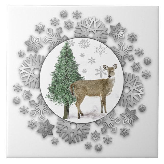 Deer Pine Tree Silver Snowflakes Decorative  Ceramic Tile (Front)