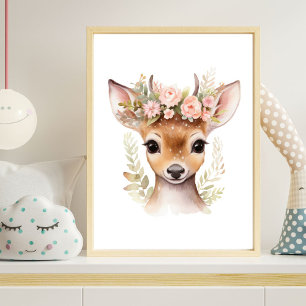 Deer Pink Floral Girl Nursery Print Poster