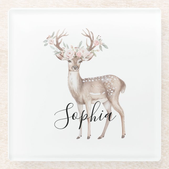 Deer Pink Flowers Glass Coaster (Front)
