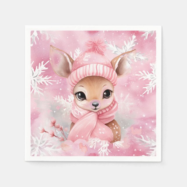 Deer Pink Hat Scarf Snowflake Winter Wonderland Napkin (Front)