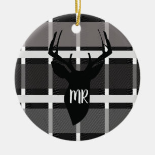 Deer Plaid Monogram Christmas Present Circle Ceramic Ornament