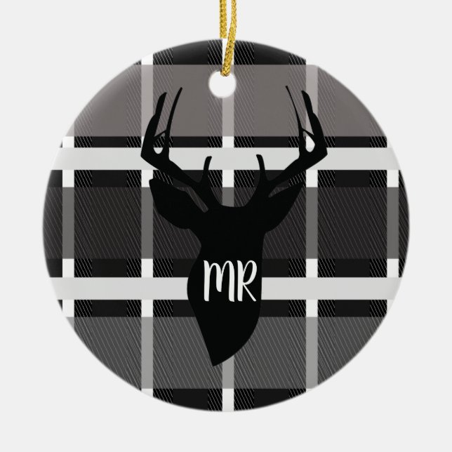 Deer Plaid Monogram Christmas Present Circle Ceramic Ornament (Front)