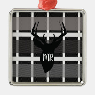 Deer Plaid Monogram Christmas Present Metal Ornament