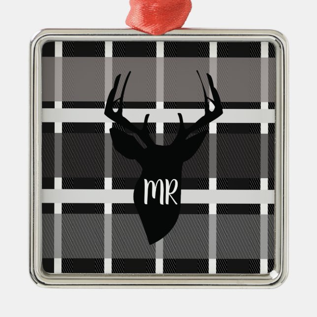 Deer Plaid Monogram Christmas Present Metal Ornament (Front)