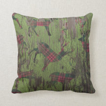 Deer Plaid Rustic Green Holiday Winter Pillow